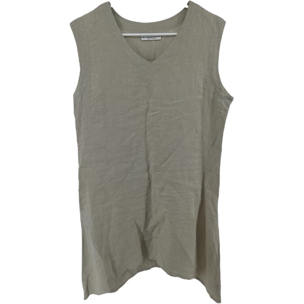 Bryn Walker 100% Linen Tunic Dress Tank Mini Lagenlook V Neck Shift Beige Medium